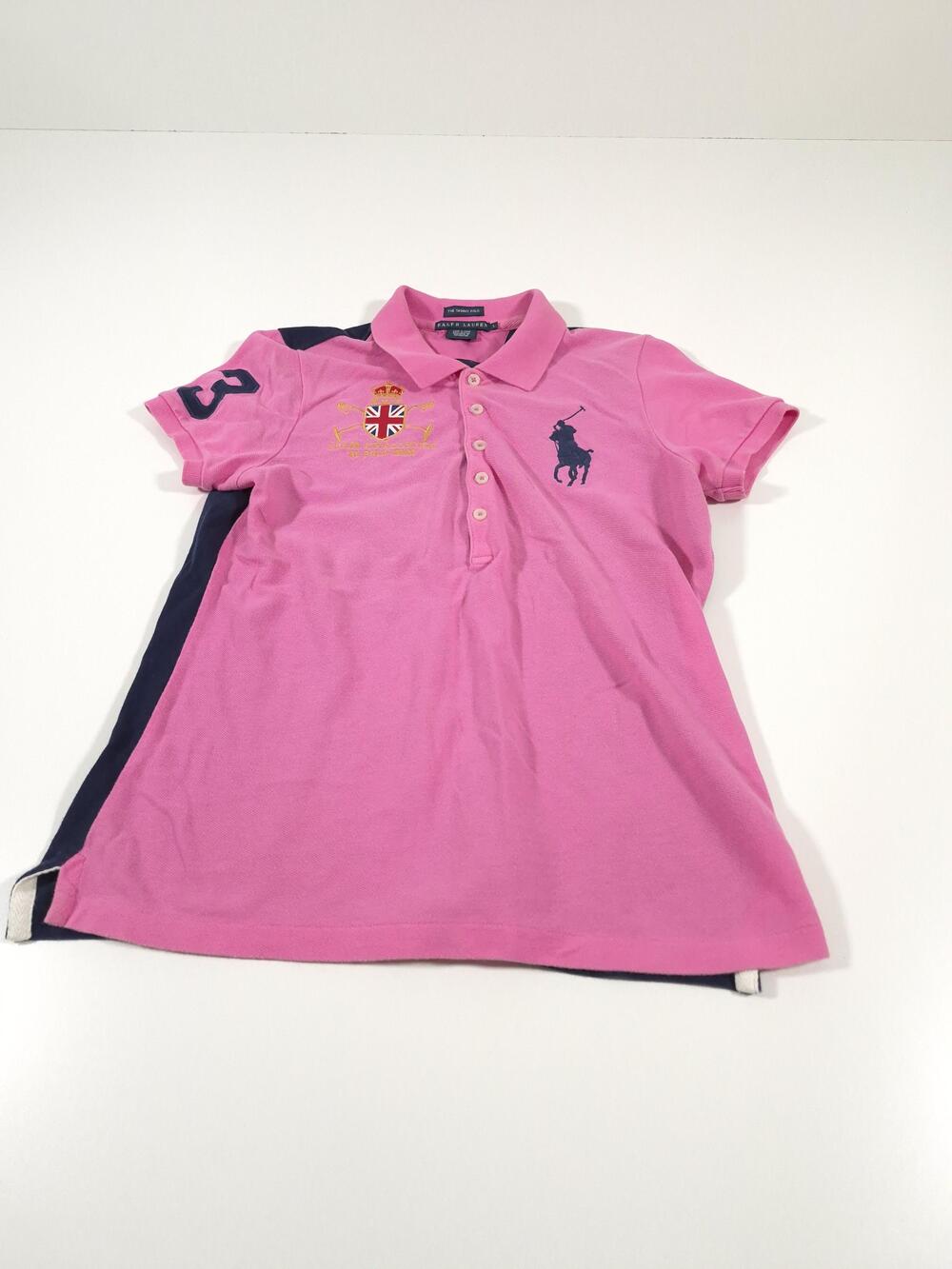 Ralph Lauren Polo Shirt Womens L Pink Navy Skinny Big Pony 3 Short Sleeve